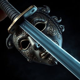 A detailed image of a mask being sliced in half by a sword