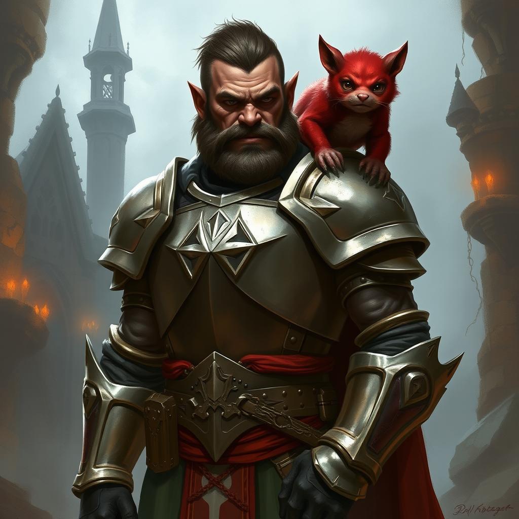 A half-orc paladin standing tall and proud, wearing shining armor that reflects his bravery and strength