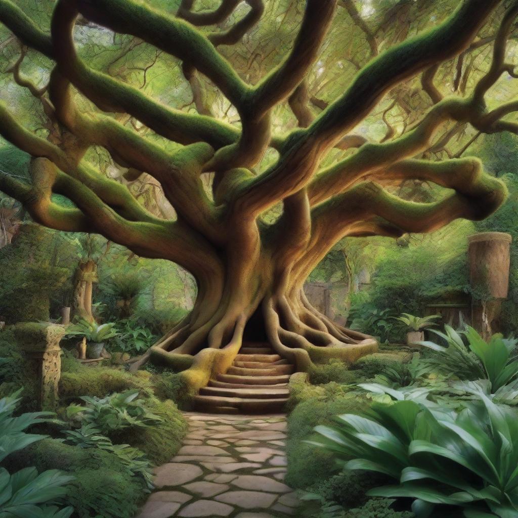 A hidden, magical garden filled with lush, exotic plants, ancient trees, and vibrant, glowing flowers, all surrounded by a winding maze of paths and softly trickling streams