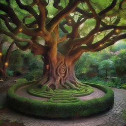 A hidden, magical garden filled with lush, exotic plants, ancient trees, and vibrant, glowing flowers, all surrounded by a winding maze of paths and softly trickling streams