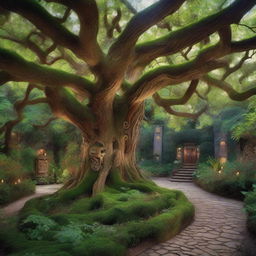 A hidden, magical garden filled with lush, exotic plants, ancient trees, and vibrant, glowing flowers, all surrounded by a winding maze of paths and softly trickling streams