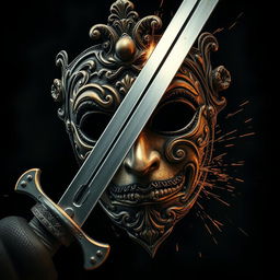 A detailed image of an ornate mask being sliced in half by a sharp, gleaming sword