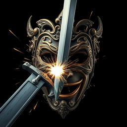 A detailed image of an ornate mask being sliced in half by a sharp, gleaming sword