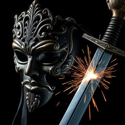 A detailed image of an ornate mask being sliced in half by a sharp, gleaming sword