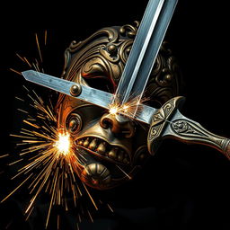 A detailed image of an ornate mask being sliced in half by a sharp, gleaming sword