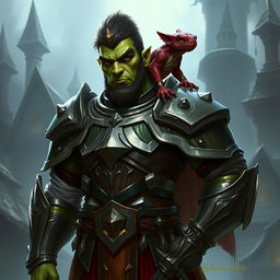 A green-skinned half-orc paladin standing tall and proud, wearing shining armor that reflects his bravery and strength