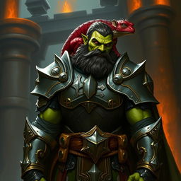 A green-skinned half-orc paladin standing tall and proud, wearing shining armor that reflects his bravery and strength