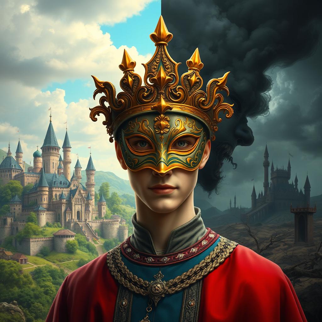 A prince wearing an ornate mask stands between two kingdoms