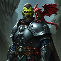 A green-skinned half-orc paladin standing tall and proud, wearing shining armor that reflects his bravery and strength