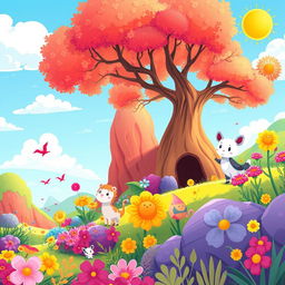 Create a vibrant and imaginative scene featuring a whimsical landscape with colorful flora, friendly animals, and a bright, clear sky