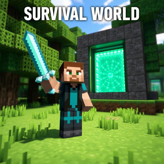 A Minecraft character standing triumphantly next to an activated End Portal in a survival world