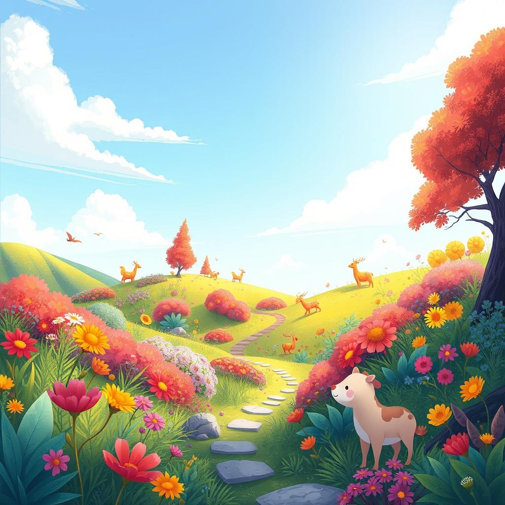 Create a vibrant and imaginative scene featuring a whimsical landscape with colorful flora, friendly animals, and a bright, clear sky