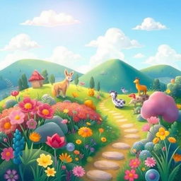 Create a vibrant and imaginative scene featuring a whimsical landscape with colorful flora, friendly animals, and a bright, clear sky