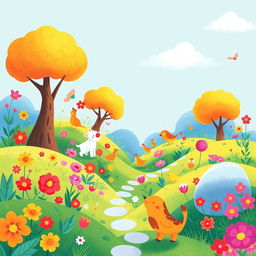 Create a vibrant and imaginative scene featuring a whimsical landscape with colorful flora, friendly animals, and a bright, clear sky