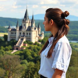 A young woman wearing a medical blouse stands on a hill, looking at a majestic castle in the distance