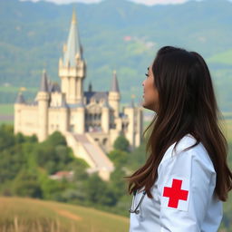 A young woman wearing a medical blouse stands on a hill, looking at a majestic castle in the distance