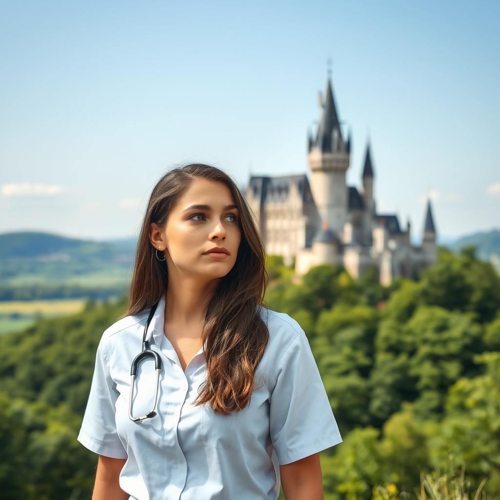 A young woman wearing a medical blouse stands on a hill, looking at a majestic castle in the distance