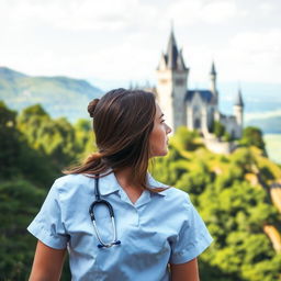 A young woman wearing a medical blouse stands on a hill, looking at a majestic castle in the distance