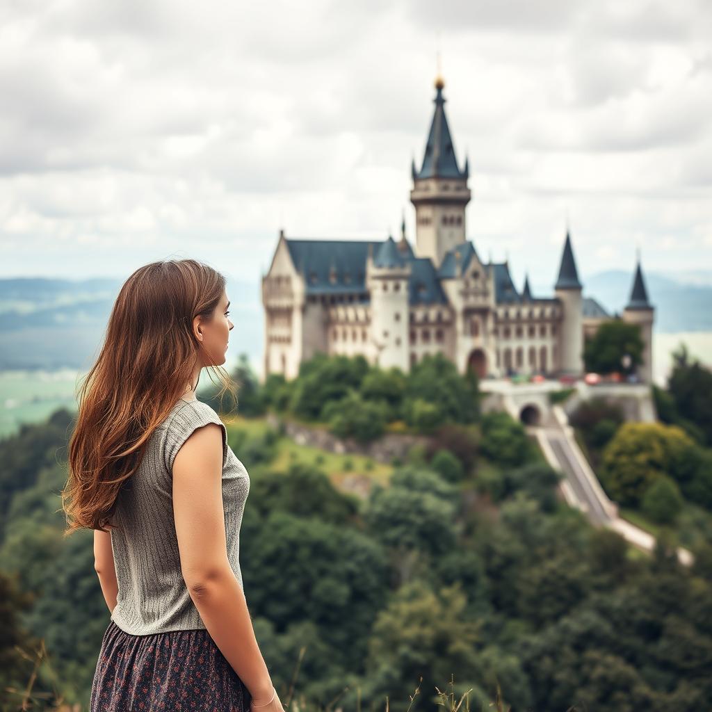 A young woman stands on a hill, gazing at a majestic castle in the distance