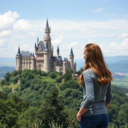 A young woman stands on a hill, gazing at a majestic castle in the distance