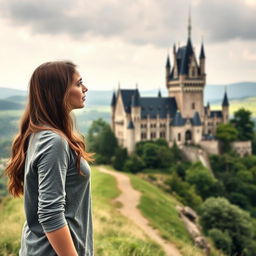 A young woman stands on a hill, gazing at a majestic castle in the distance