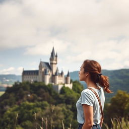 A young woman stands on a hill, gazing at a majestic castle in the distance