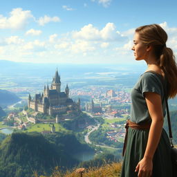 A young woman stands on a hill, gazing at a sprawling kingdom in the distance