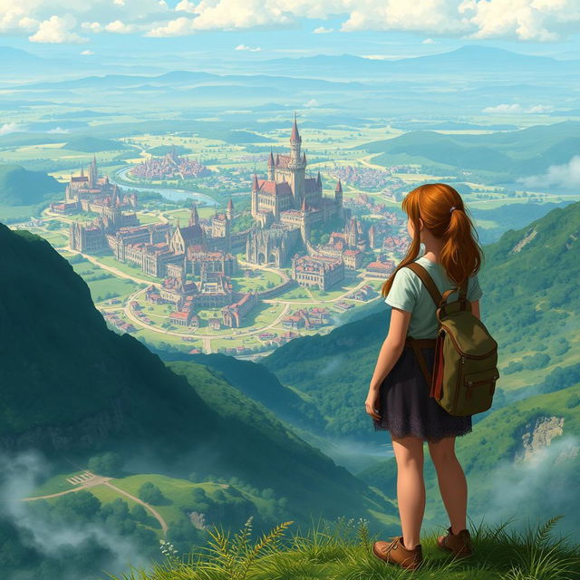 A young woman stands on a hill, gazing at a sprawling kingdom in the distance