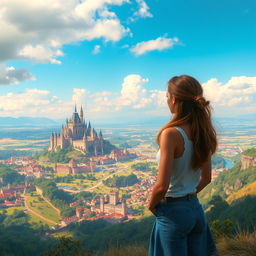 A young woman stands on a hill, gazing at a sprawling kingdom in the distance