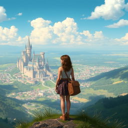 A young woman stands on a hill, gazing at a sprawling kingdom in the distance