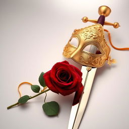 An elegant image featuring a golden mask, a red rose, and a gleaming sword