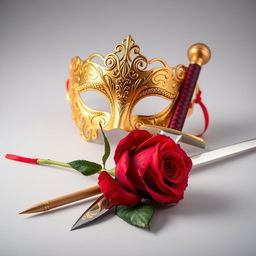 An elegant image featuring a golden mask, a red rose, and a gleaming sword