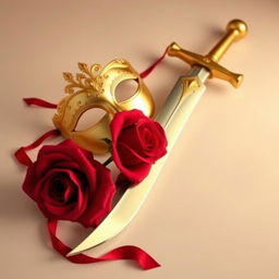 An elegant image featuring a golden mask, a red rose, and a gleaming sword