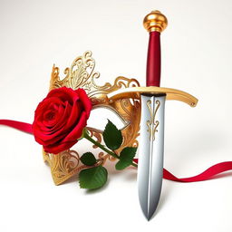 An elegant image featuring a golden mask, a red rose, and a gleaming sword