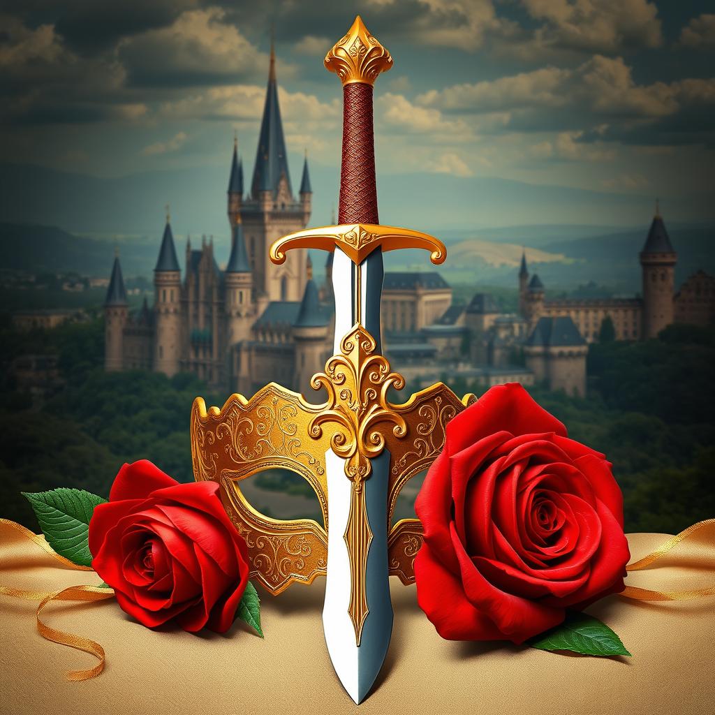 An elegant image featuring a golden mask, a red rose, and a gleaming sword, set against the backdrop of a majestic kingdom