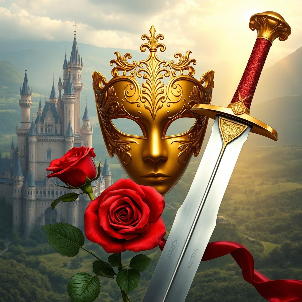 An elegant image featuring a golden mask, a red rose, and a gleaming sword, set against the backdrop of a majestic kingdom