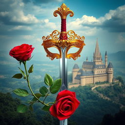 An elegant image featuring a golden mask, a red rose, and a gleaming sword, set against the backdrop of a majestic kingdom