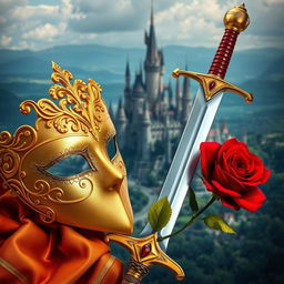 An elegant image featuring a golden mask, a red rose, and a gleaming sword, set against the backdrop of a majestic kingdom