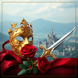 An elegant image featuring a golden mask, a red rose, and a gleaming sword, set against the backdrop of a majestic kingdom