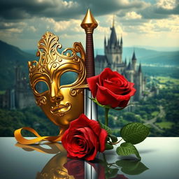 An elegant image featuring a golden mask, a red rose, and a gleaming sword, set against the backdrop of a majestic kingdom