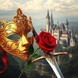 An elegant image featuring a golden mask, a red rose, and a gleaming sword, set against the backdrop of a majestic kingdom