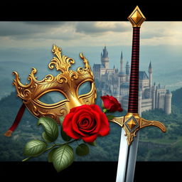 An elegant image featuring a golden mask, a red rose, and a gleaming sword, set against the backdrop of a majestic kingdom