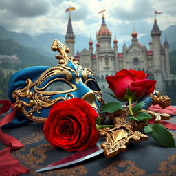 An intricate scene featuring a blue and gold mask, a red rose, and a sword