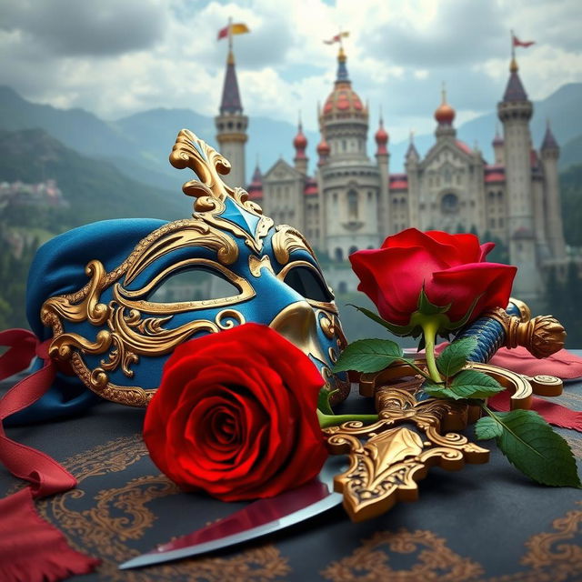 An intricate scene featuring a blue and gold mask, a red rose, and a sword