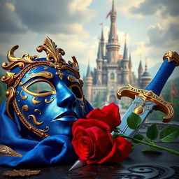 An intricate scene featuring a blue and gold mask, a red rose, and a sword