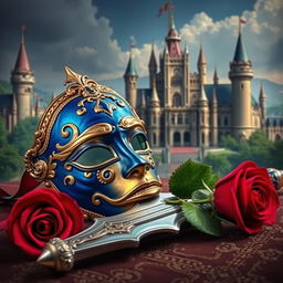 An intricate scene featuring a blue and gold mask, a red rose, and a sword