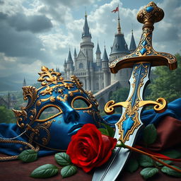 An intricate scene featuring a blue and gold mask, a red rose, and a sword