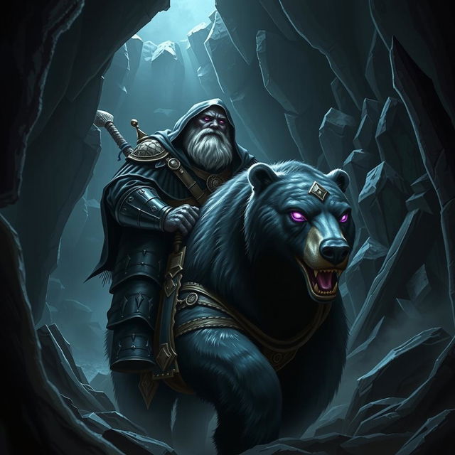 A hooded, bald duergar paladin with purple eyes, a thick white beard, and charcoal purple skin rides a dark kodiak bear through a dimly lit underground pass