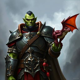 A 7-foot tall green-skinned half-orc paladin standing proudly in shining armor, exuding strength and bravery