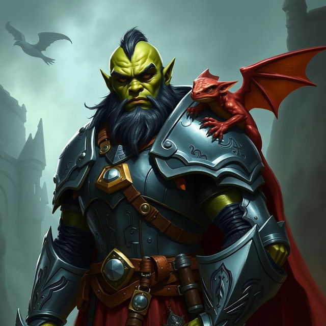 A 7-foot tall green-skinned half-orc paladin standing proudly in shining armor, exuding strength and bravery